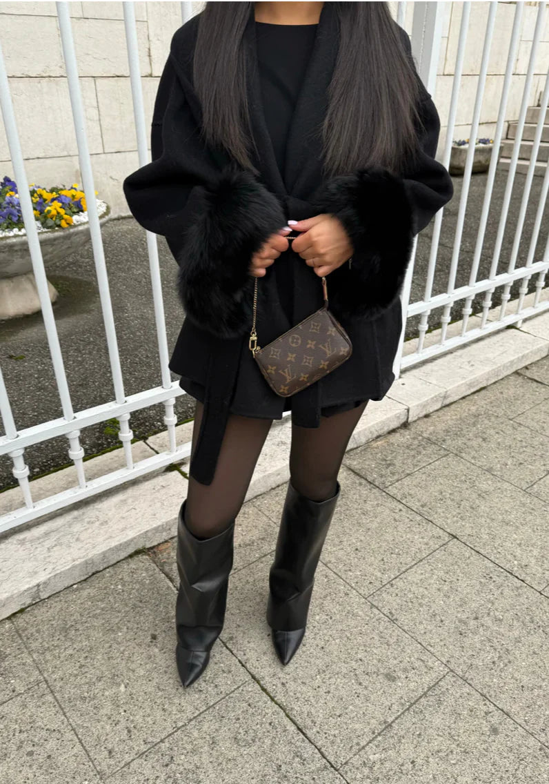 Woolcoat mit Fur - Schwarz