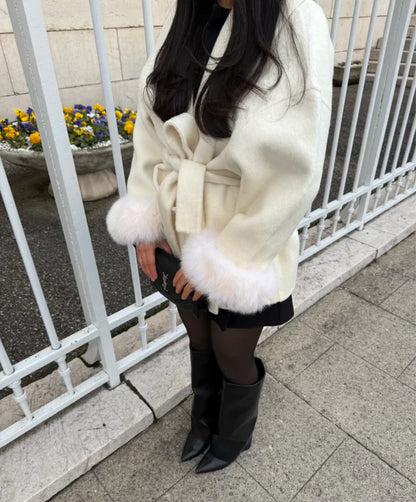 Woolcoat mit Fur - Weiß