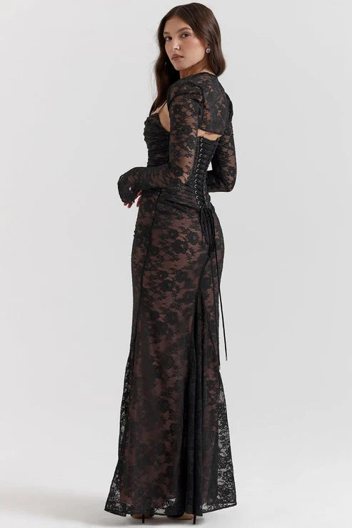 Saphira Shoulder-On Floral Lace Maxi Dress