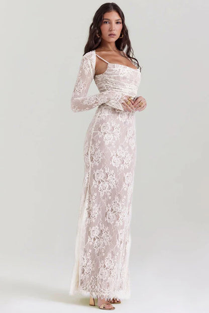 Saphira Shoulder-On Floral Lace Maxi Dress