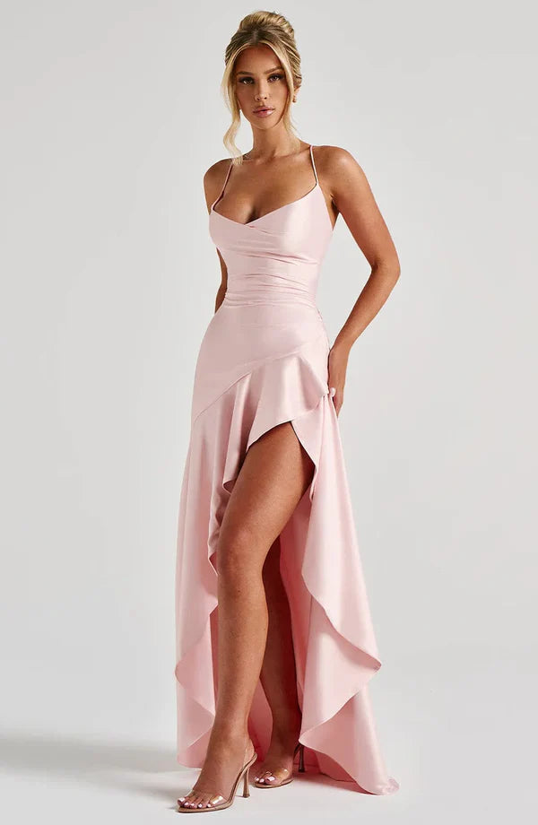 Astraéa Ruffle Satin Maxi Dress