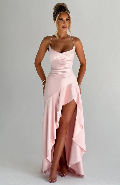 Astraéa Ruffle Satin Maxi Dress
